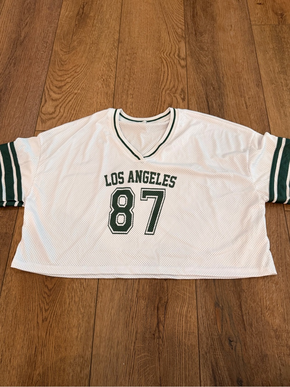Fashion Nova White Mesh Crop Top with Dark Green Trim